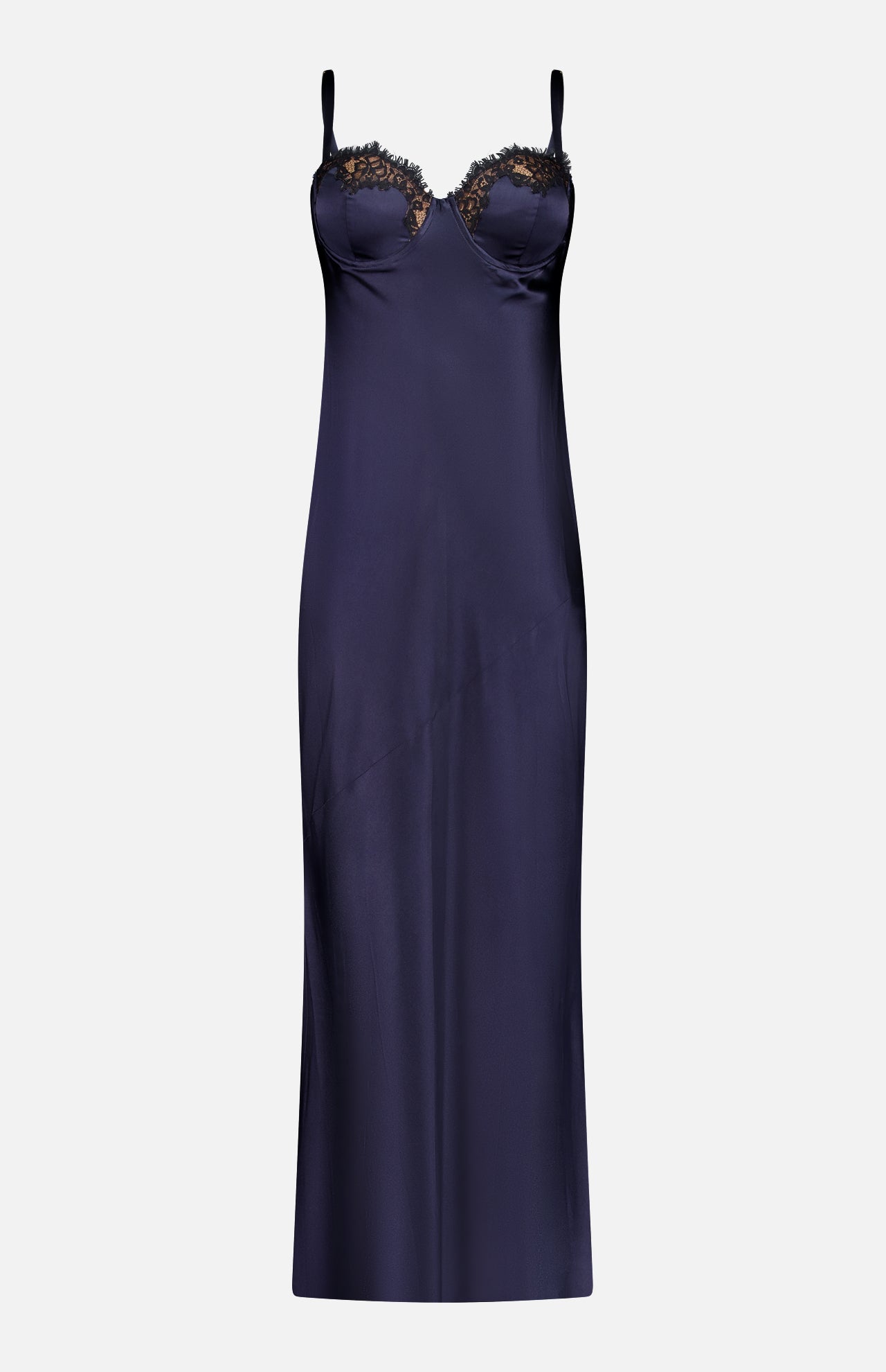 The Shayla Lace Bias Cut Maxi Dress by L'AGENCE is a long navy silk gown featuring adjustable spaghetti straps and lace detailing on the bust, shown against a plain white background.