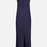 The Shayla Lace Bias Cut Maxi Dress by L'AGENCE features a deep navy silk fabric, black lace-trimmed neckline, and thin adjustable straps, shown against a plain white background.