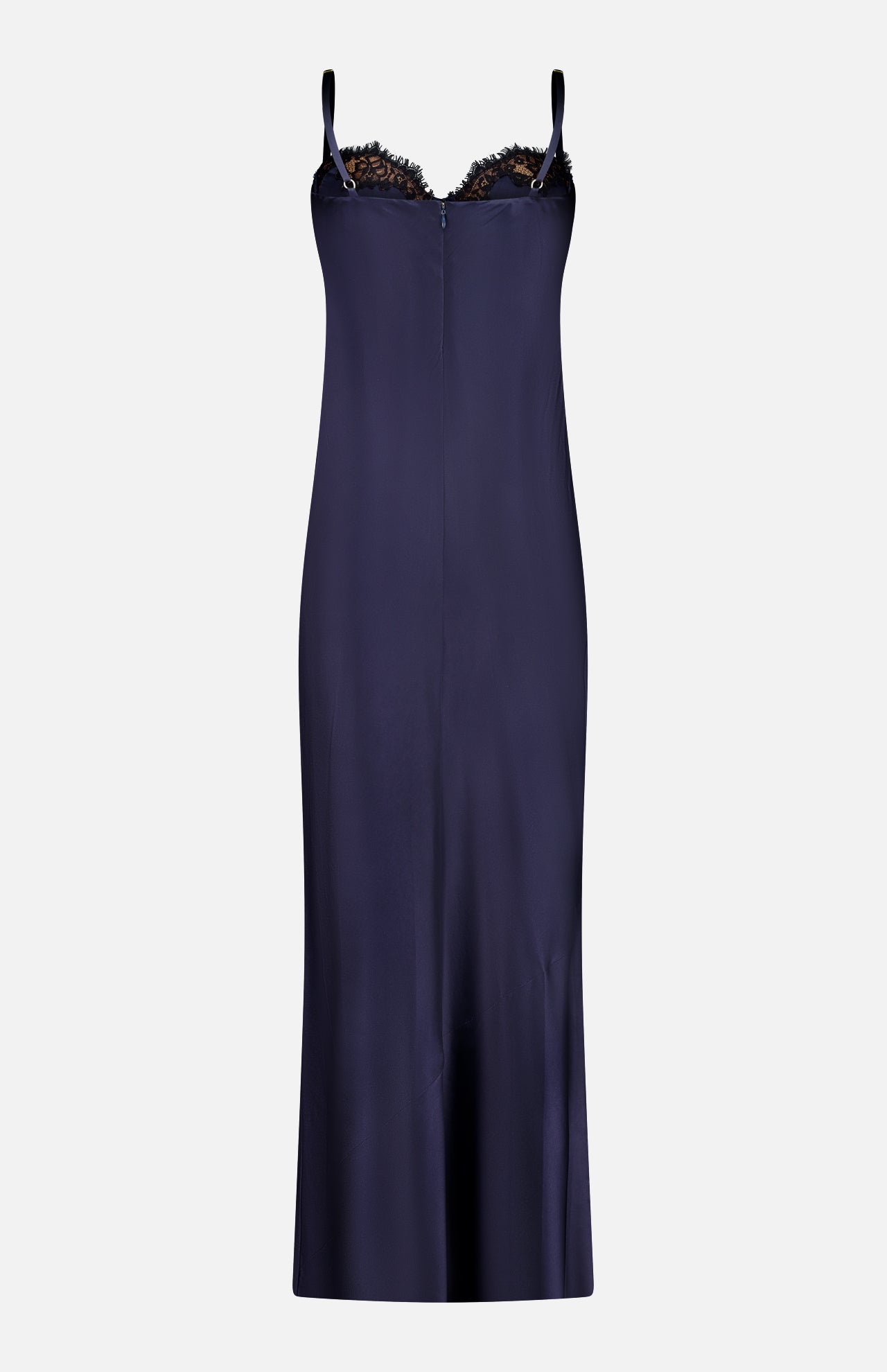 The Shayla Lace Bias Cut Maxi Dress by L'AGENCE features a deep navy silk fabric, black lace-trimmed neckline, and thin adjustable straps, shown against a plain white background.