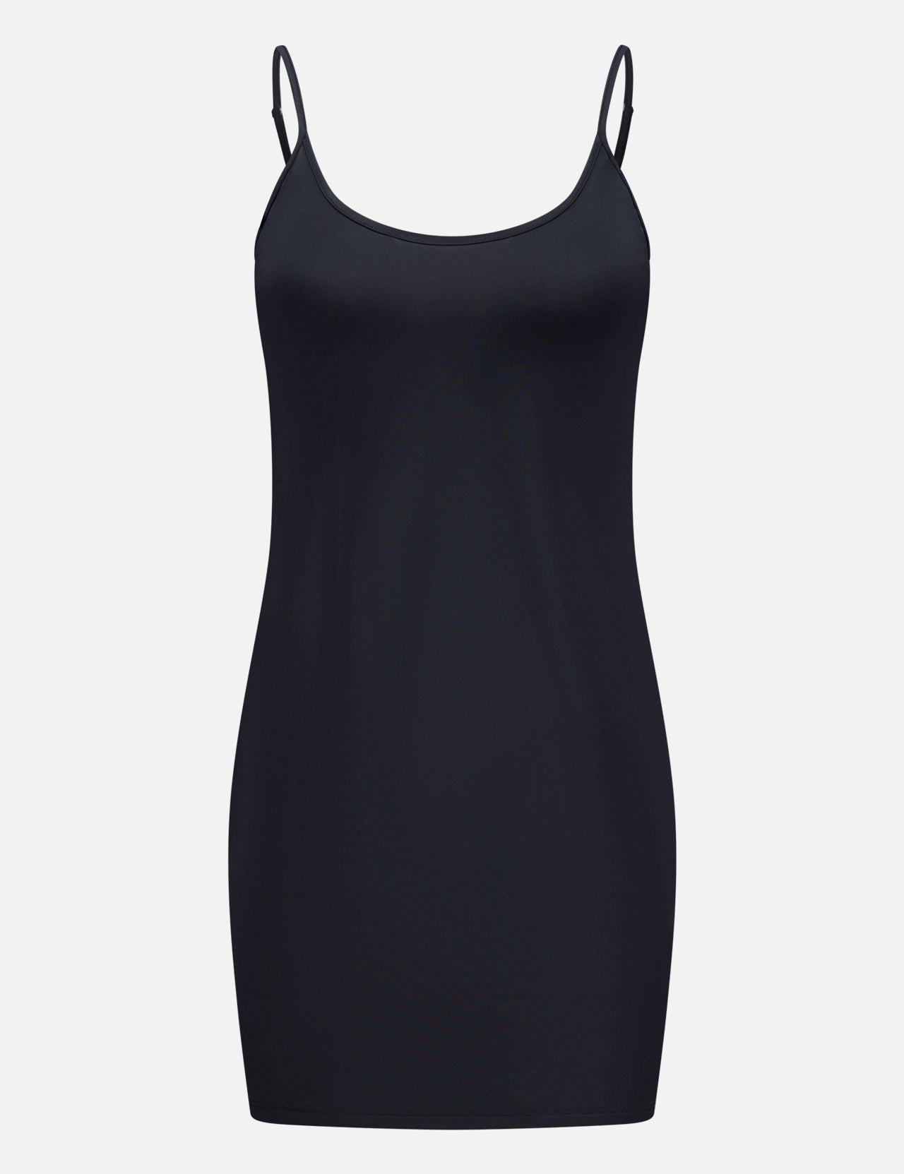 The L'AGENCE Slip Lining Mini Dress is a plain black stretch jersey dress with thin adjustable spaghetti straps, shown on a white background.