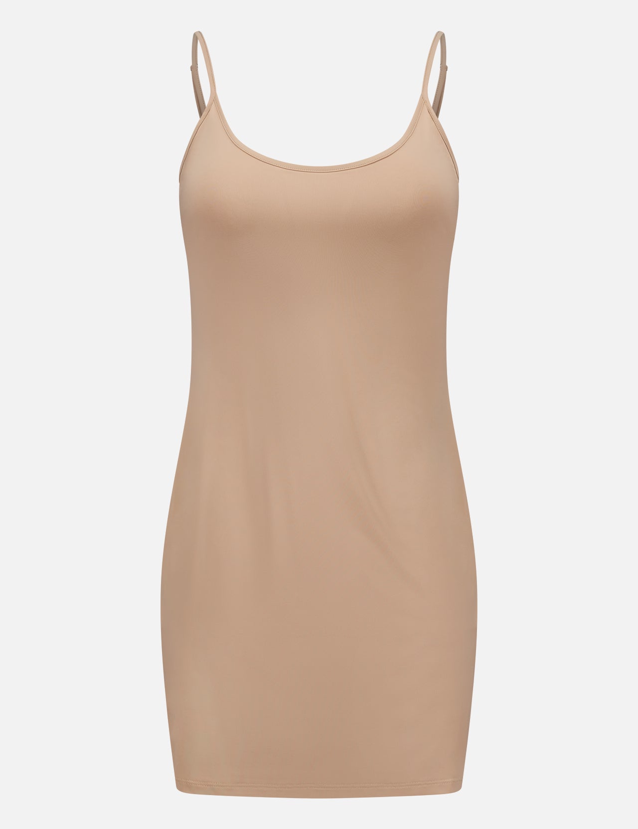 The L'AGENCE Slip Lining Mini Dress is a beige sleeveless bodycon stretch jersey dress with thin adjustable straps and a nude slip lining, shown on a plain white background.