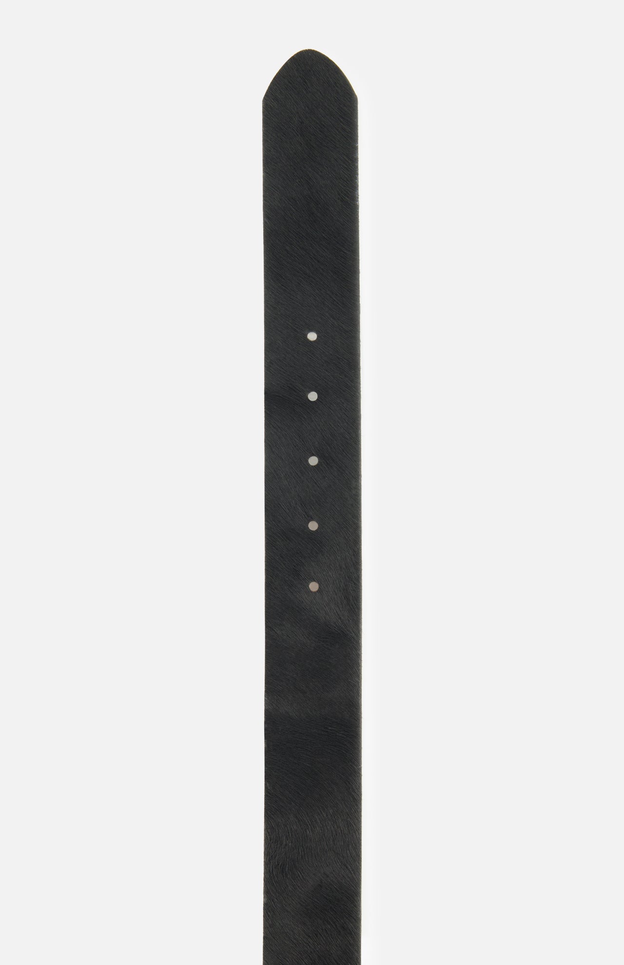 A close-up of the L’AGENCE Solera Engraved Plaque Belt showcases its black leather strap with a subtle texture and four round adjustment holes, perfectly complemented by refined silver accessories.