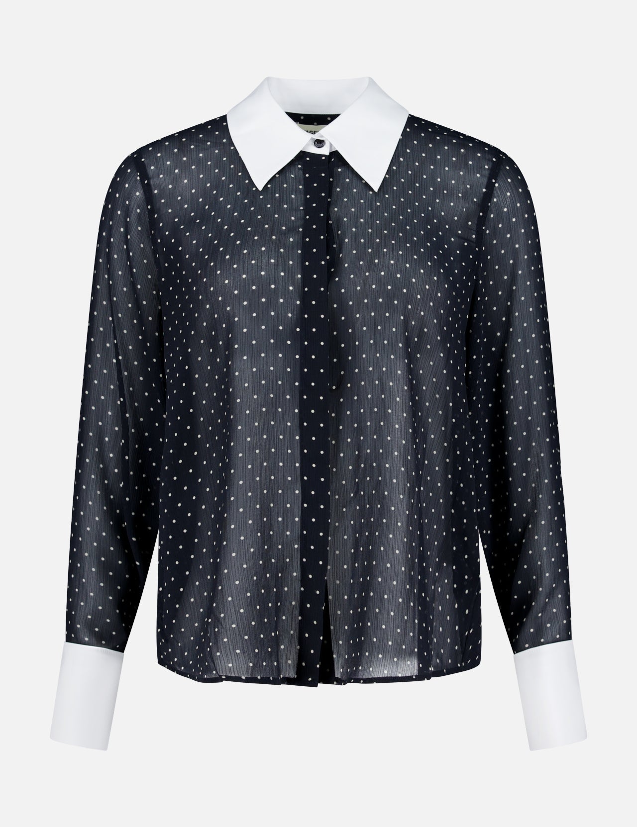 The Sona Poplin Collar Blouse by L’AGENCE is a black sheer long-sleeve blouse adorned with small white polka dots. It features a crisp white pointed collar and matching white cuffs, shown against a plain white background. This elegant blouse is perfect for the office, offering a polished and professional look.