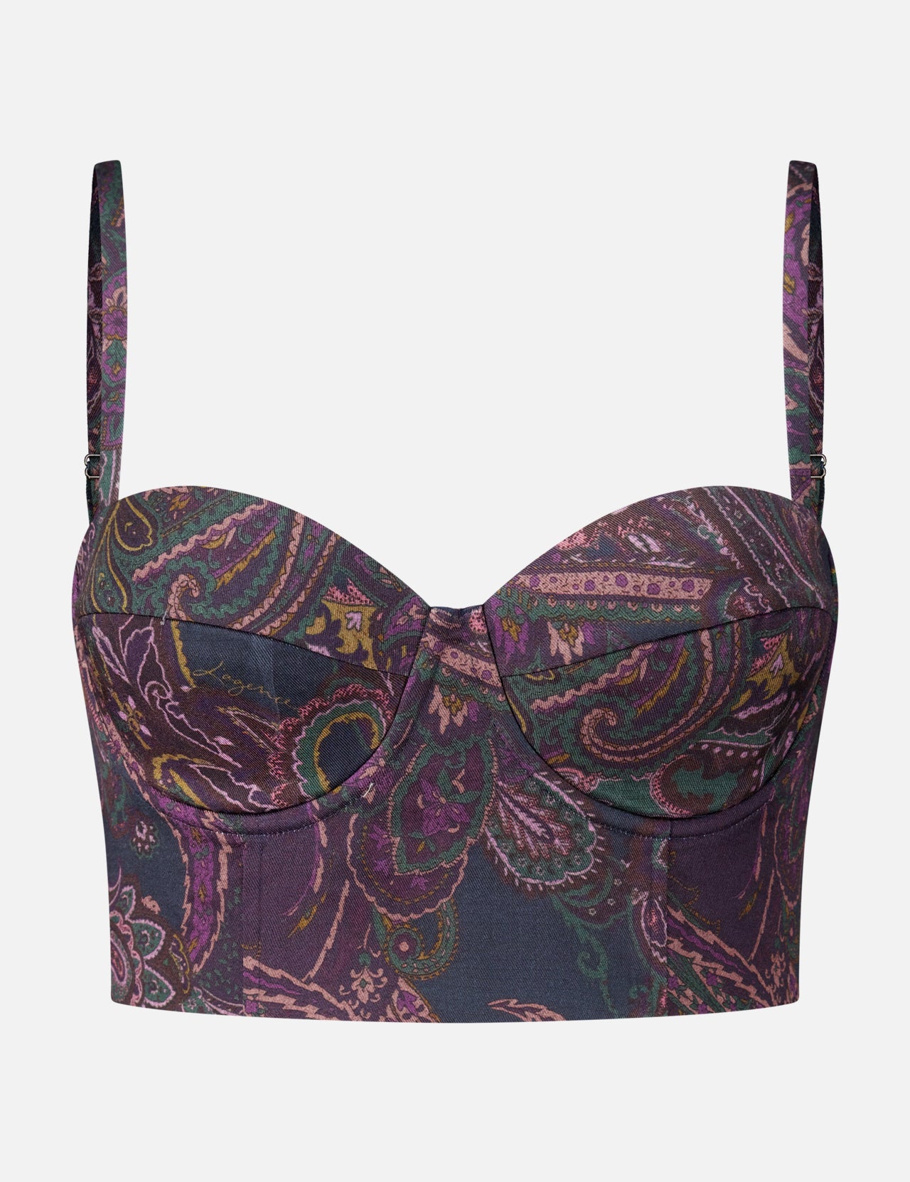L’Agence Sonya Paisley Bralette Top in a strapless-style cropped bustier cut with thin adjustable straps, featuring a dark purple and pink paisley print.