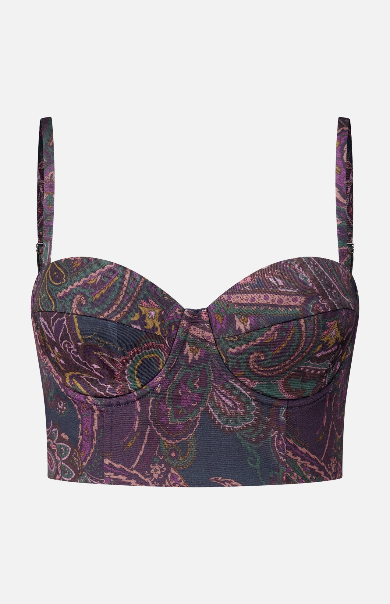 L’Agence Sonya Paisley Bralette Top in a strapless-style cropped bustier cut with thin adjustable straps, featuring a dark purple and pink paisley print.