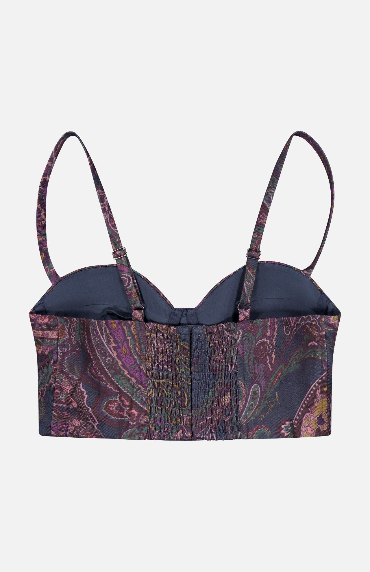 Back view of a dark purple paisley print L’Agence Sonya Paisley Bralette Top with thin adjustable straps and a smocked center back panel.