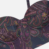 L’Agence Sonya Paisley Bralette top in dark purple with a multi-colored paisley print and adjustable shoulder straps.