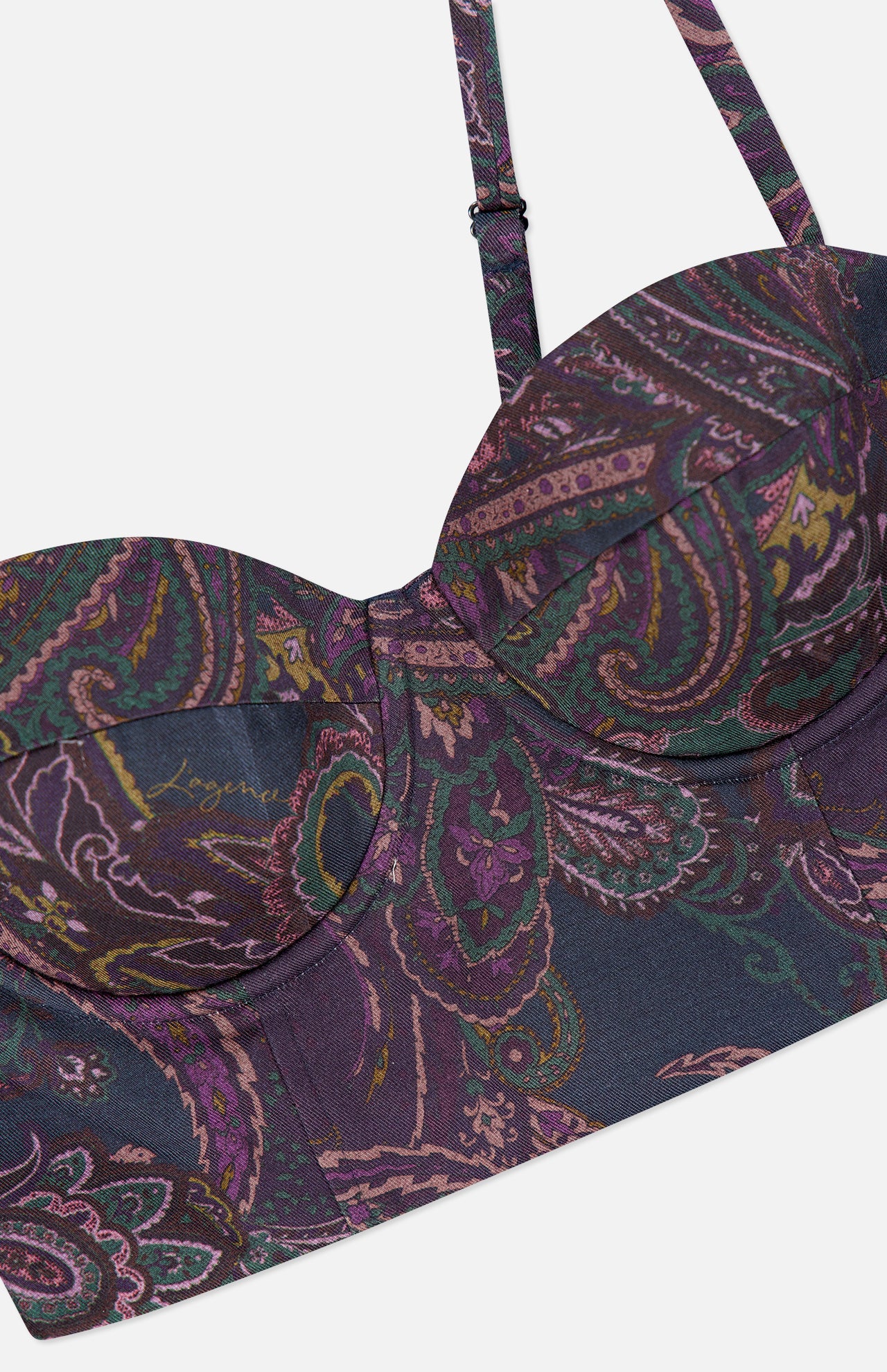 L’Agence Sonya Paisley Bralette top in dark purple with a multi-colored paisley print and adjustable shoulder straps.