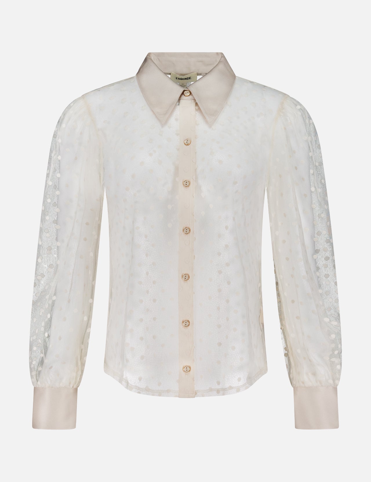 The Sophie Long Sleeve Blouse by L'AGENCE is an off-white, sheer blouse with a pointed collar, beige button front and cuffs, plus long sleeves featuring a delicate dotted pattern for subtle texture.