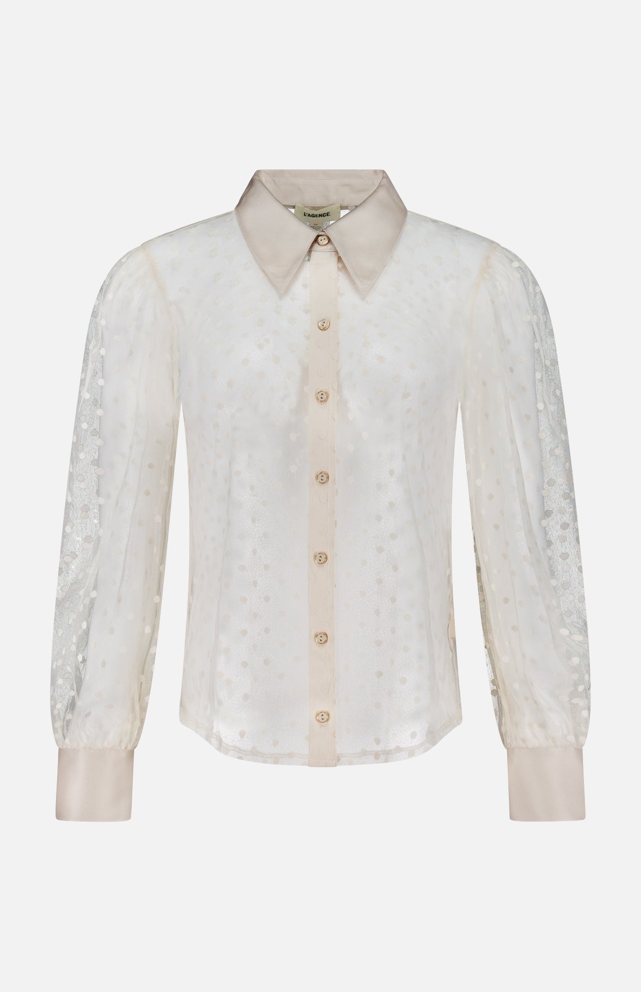 The Sophie Long Sleeve Blouse by L'AGENCE is an off-white, sheer blouse with a pointed collar, beige button front and cuffs, plus long sleeves featuring a delicate dotted pattern for subtle texture.