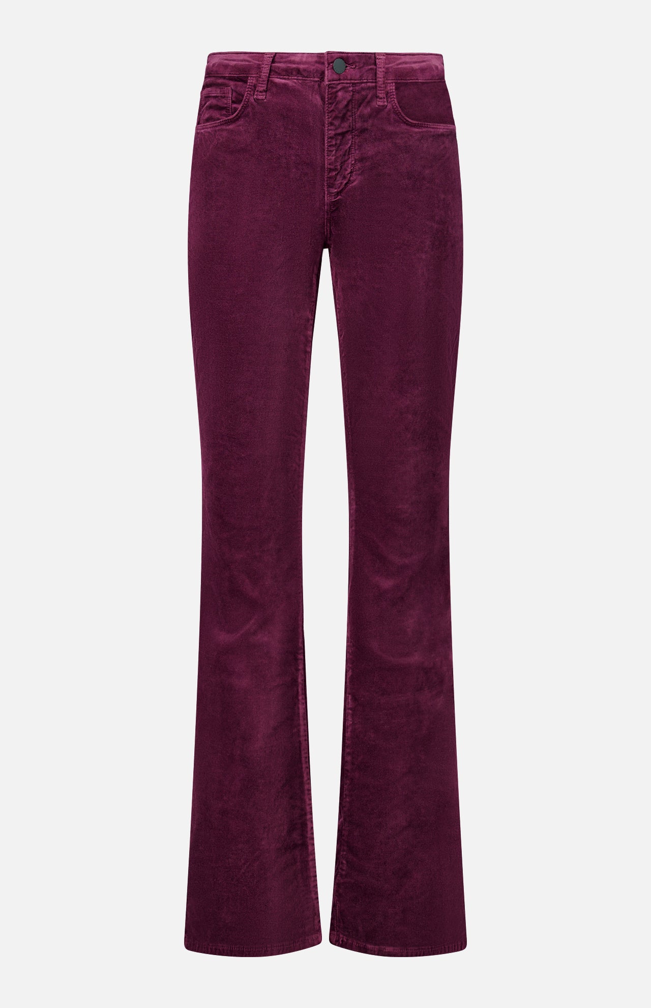 L’Agence Stevie High Rise Straight Pant in Deep Sangria, featuring high-rise, straight-leg pants in deep burgundy stretch velvet.