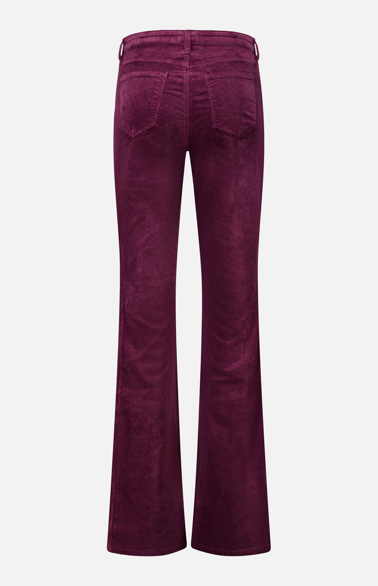Back view of L’Agence Stevie High Rise Straight Pant in Deep Sangria, featuring high-rise stretch velvet straight-leg styling.