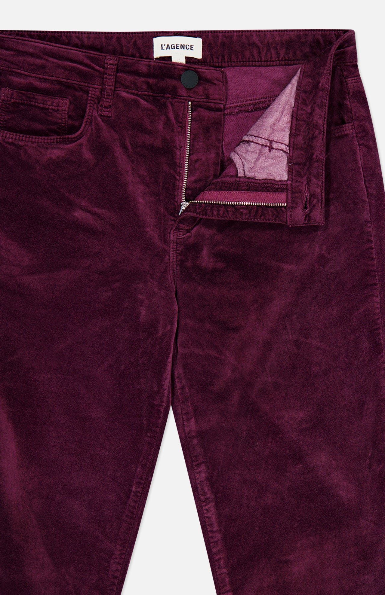 L’Agence Stevie High Rise Straight Pant in Deep Sangria: high-rise dark burgundy straight-leg corduroy pants with a zip fly and button closure.