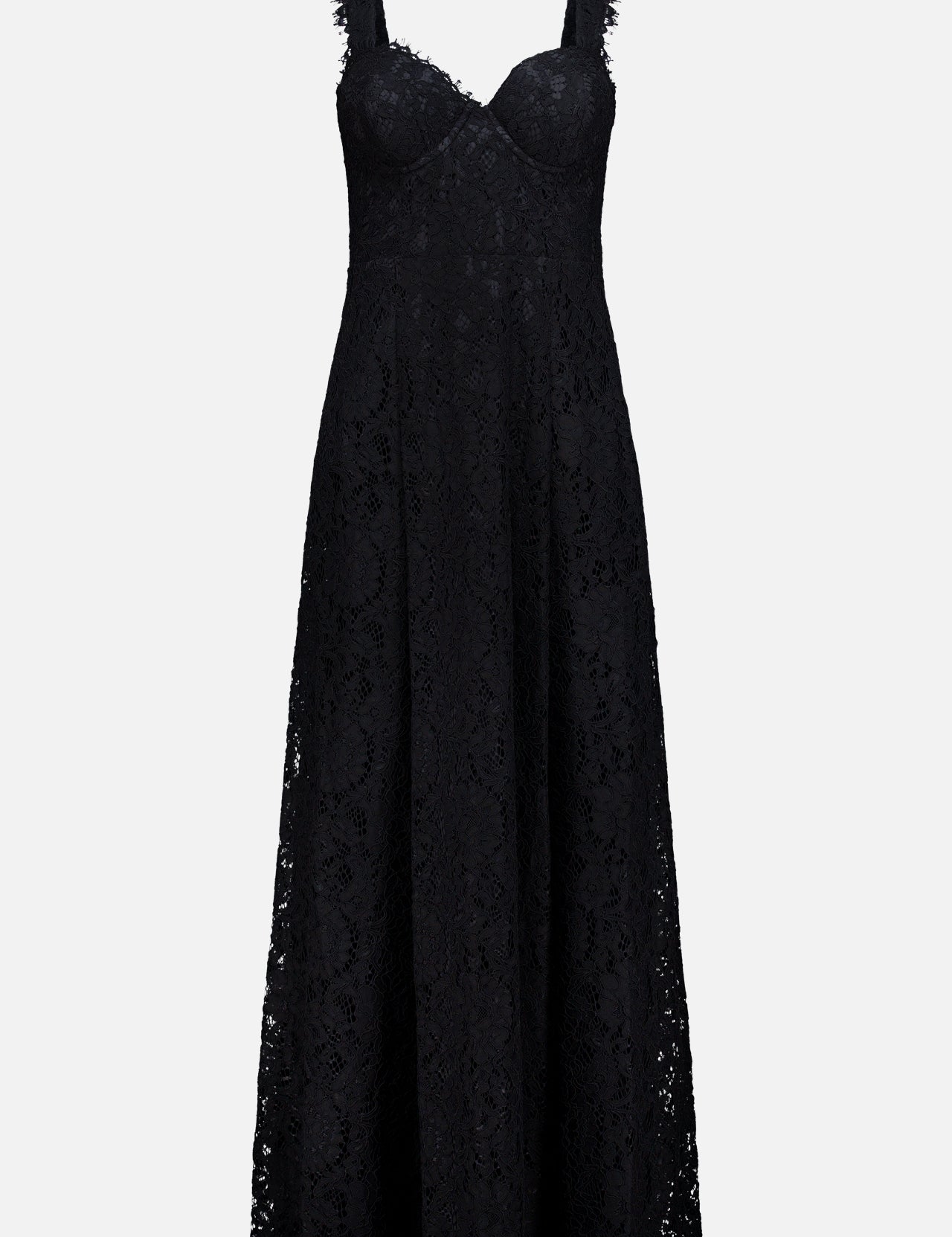 The Sutton Lace Maxi Dress by L’AGENCE is a sleeveless black maxi dress crafted from heavyweight lace fabric, featuring a fitted bodice, wide shoulder straps, and a flared skirt. Displayed on a plain white background, this elegant dress is perfect for any special occasion.