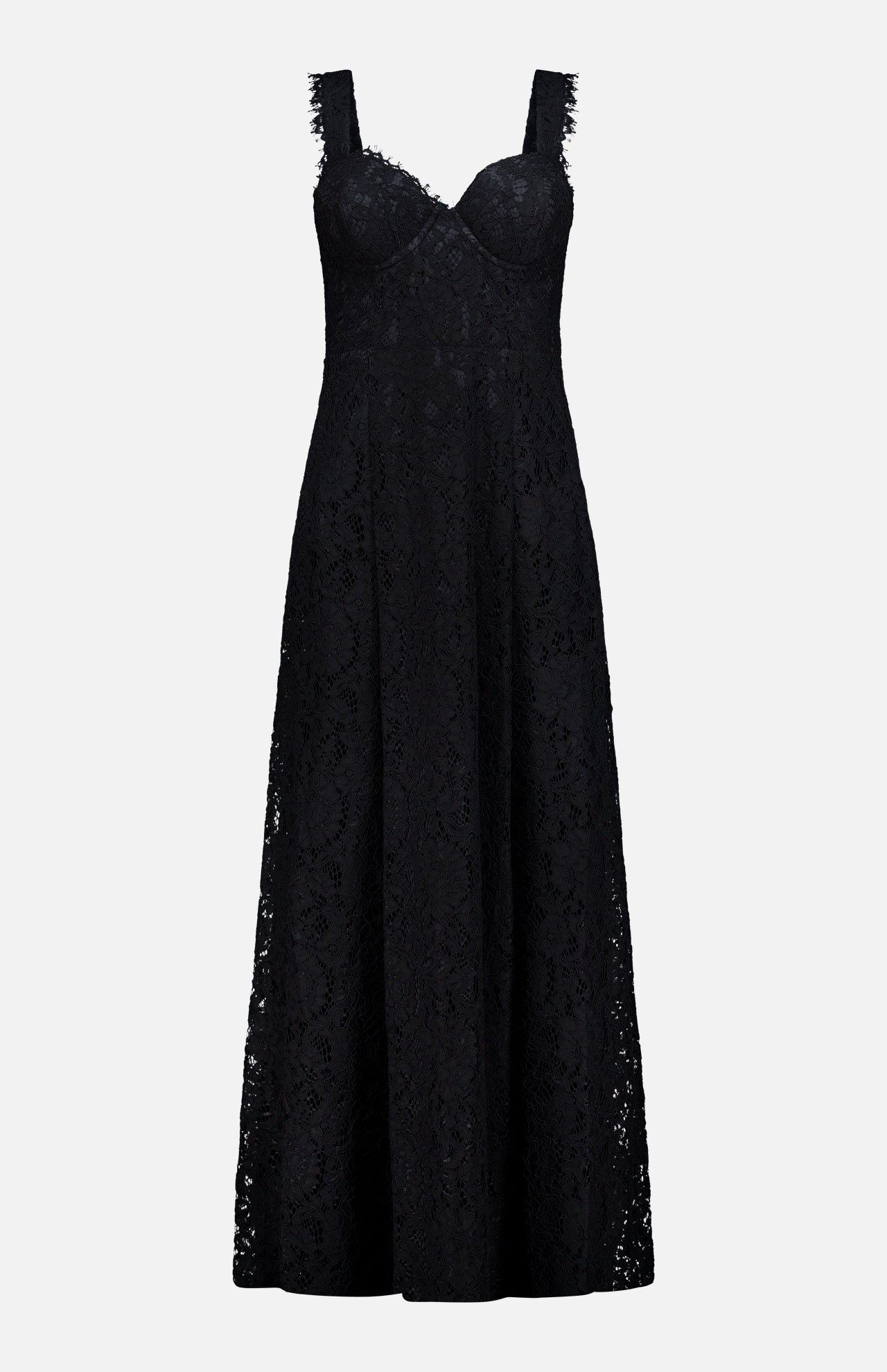 The Sutton Lace Maxi Dress by L’AGENCE is a sleeveless black maxi dress crafted from heavyweight lace fabric, featuring a fitted bodice, wide shoulder straps, and a flared skirt. Displayed on a plain white background, this elegant dress is perfect for any special occasion.