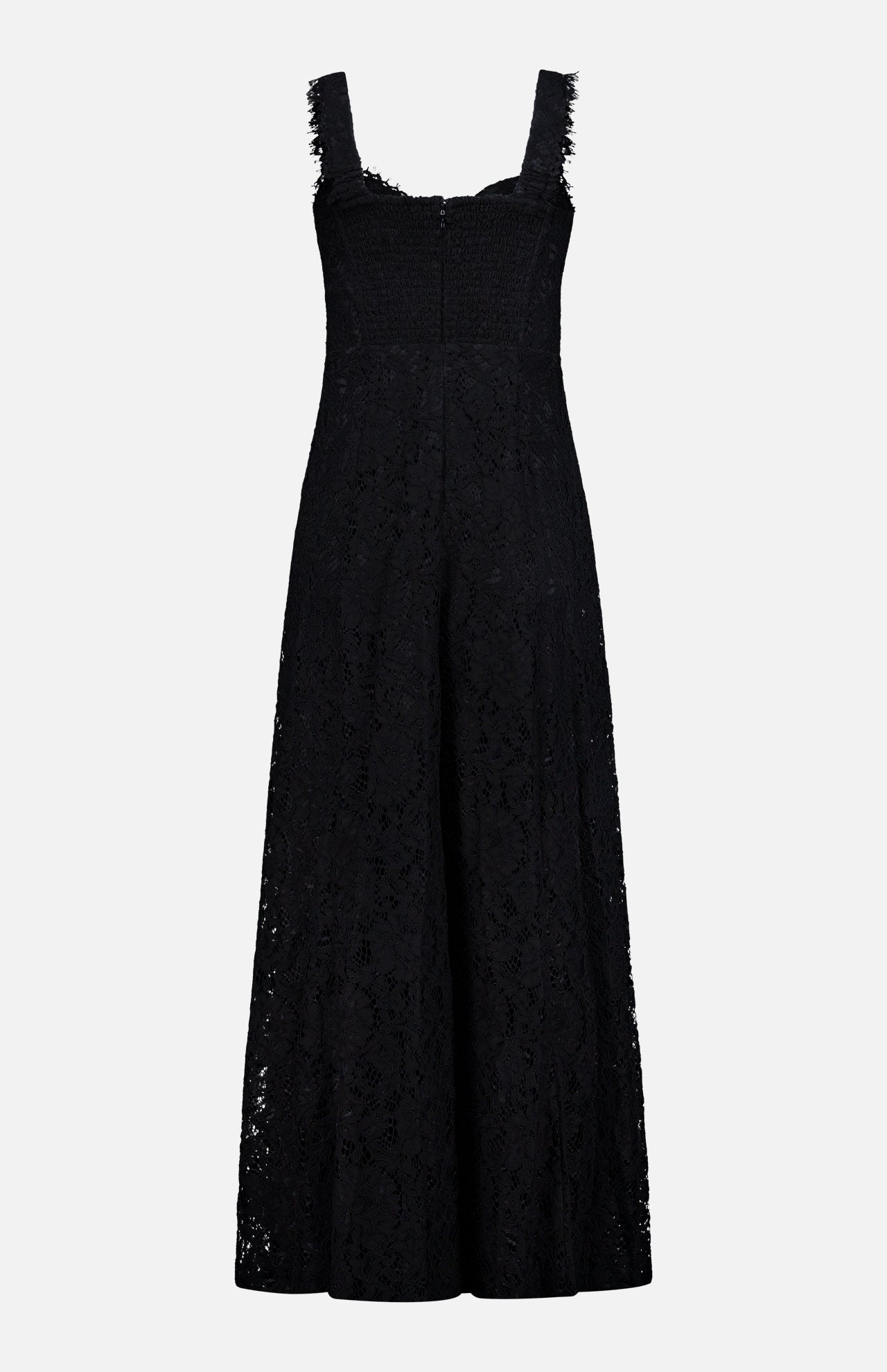 The Sutton Lace Maxi Dress by L’AGENCE features a sleeveless silhouette in black heavyweight lace with an allover floral pattern, a fitted bodice with square neckline, frayed trim on the straps, wide-leg design, and a back zip closure.