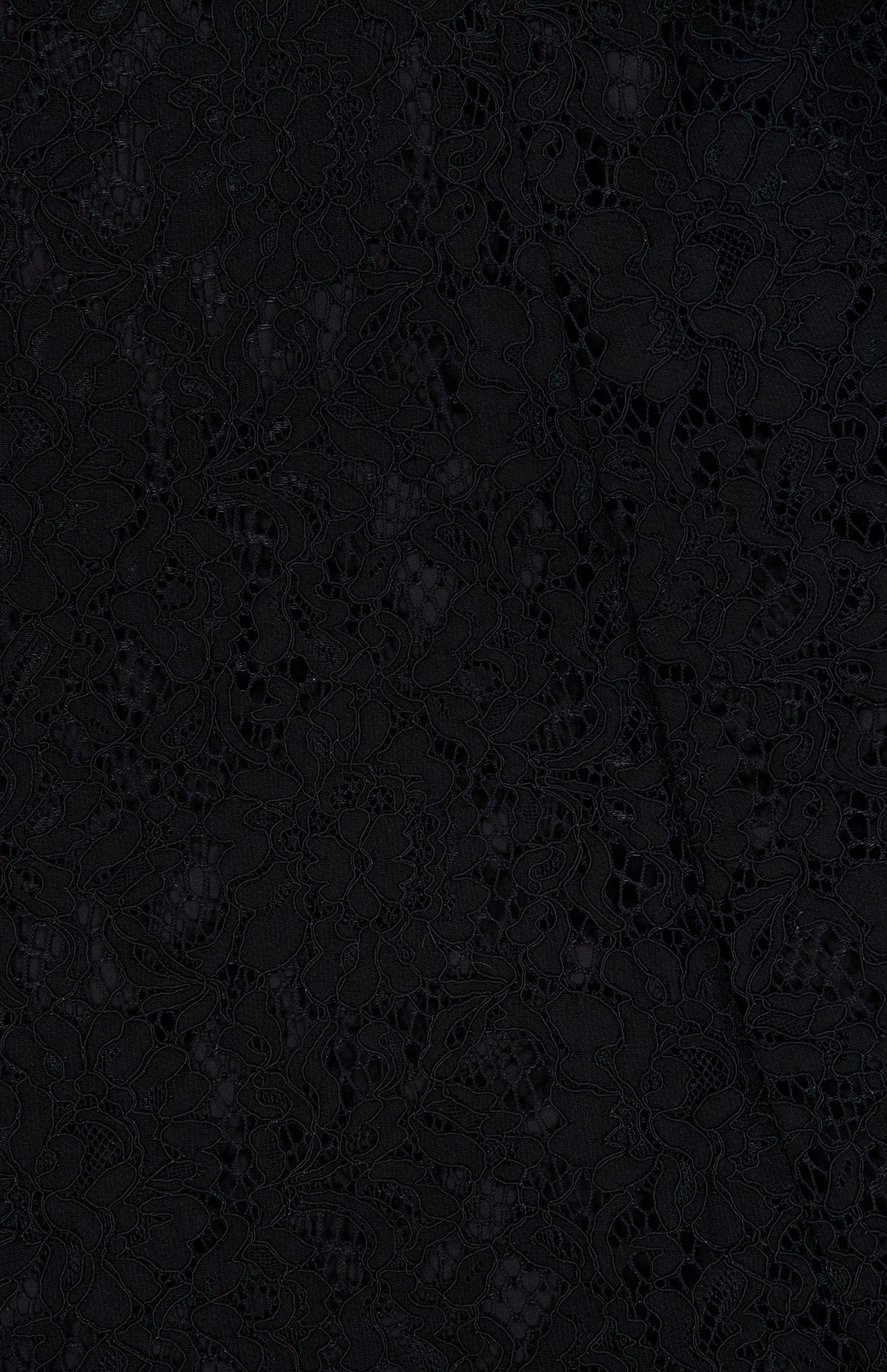 Close-up of the Sutton Lace Maxi Dress by L’AGENCE, featuring intricate heavyweight lace fabric with a floral pattern and delicate, detailed stitching throughout—perfect for crafting an elegant statement or a stunning black lace look.