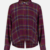 L’Agence Suzette Hi Low Shirt in a purple, blue, and gold plaid pattern with a high-low hem and a back slit detail.
