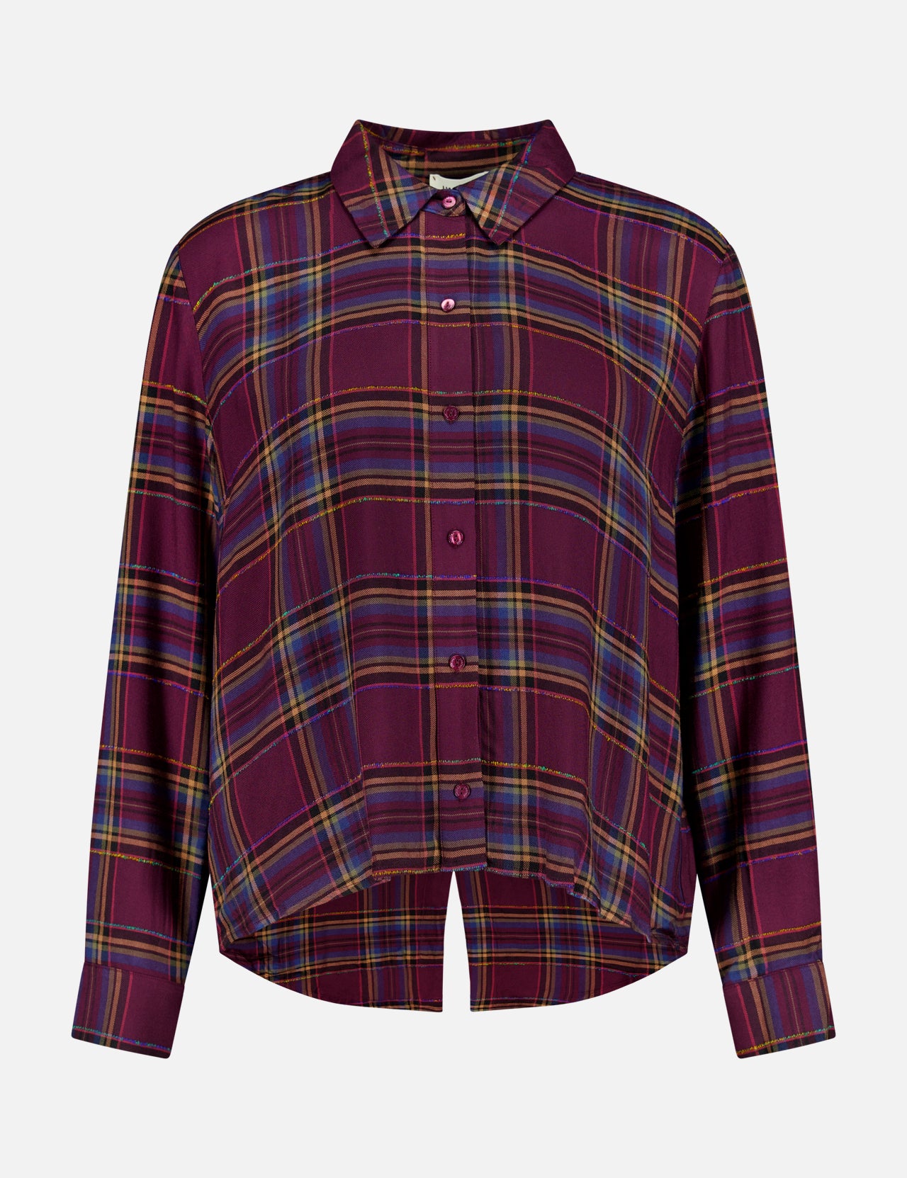 L’Agence Suzette Hi Low Shirt in a purple, blue, and gold plaid pattern with a high-low hem and a back slit detail.