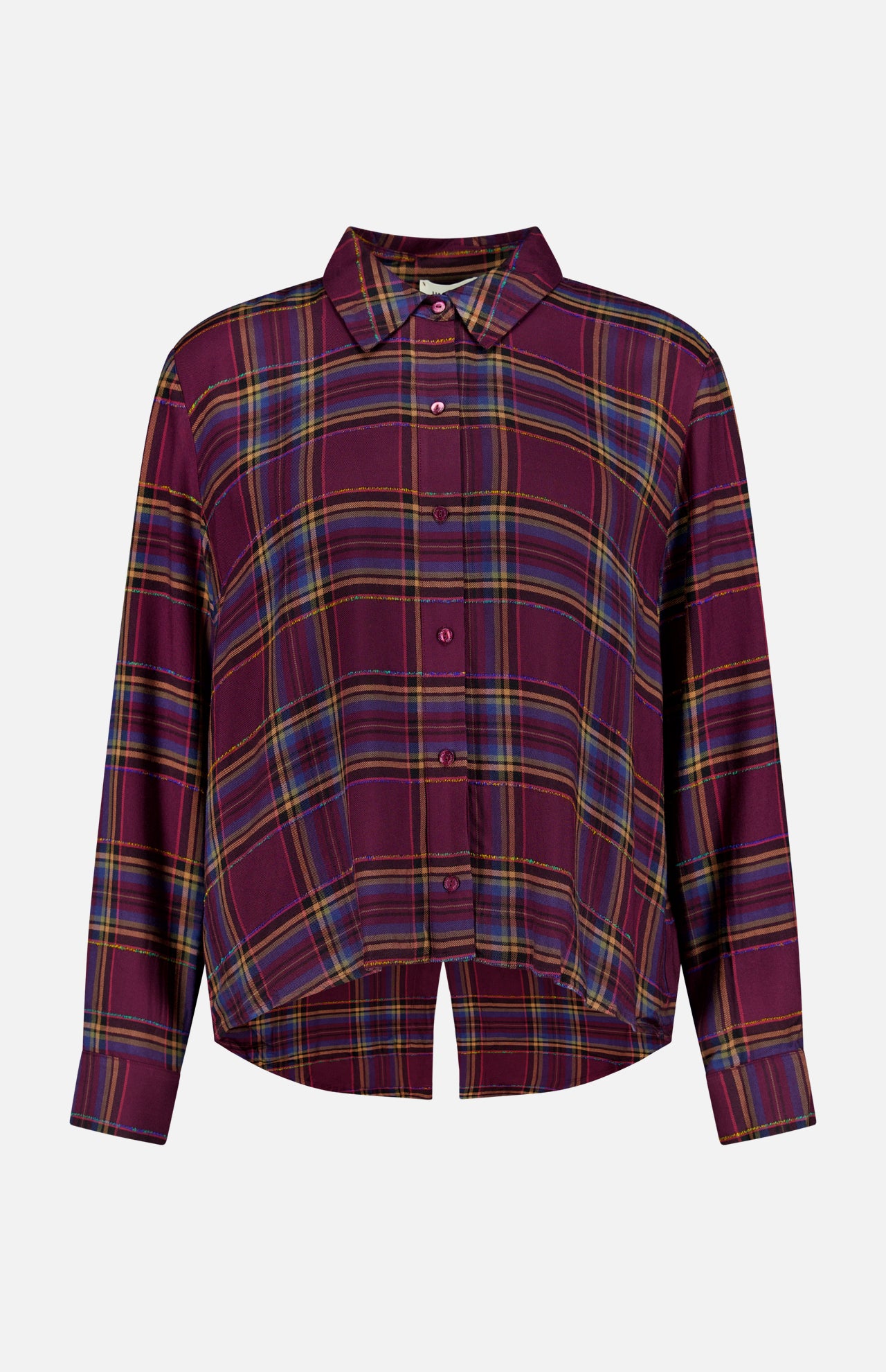 L’Agence Suzette Hi Low Shirt in a purple, blue, and gold plaid pattern with a high-low hem and a back slit detail.