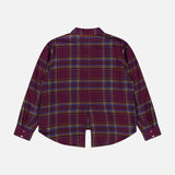 Back view of the L’Agence Suzette Hi Low Shirt, a long-sleeved, burgundy plaid button-down with a back slit detail and a high-low hem.