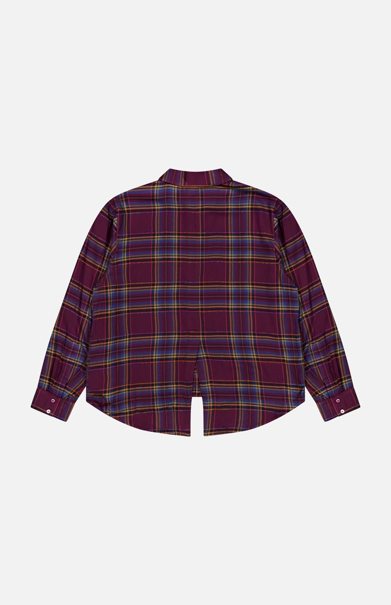 Back view of the L’Agence Suzette Hi Low Shirt, a long-sleeved, burgundy plaid button-down with a back slit detail and a high-low hem.