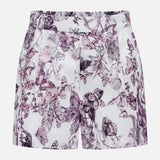 The Sylie Butterfly Print Pull On Short by L'AGENCE features a purple floral and butterfly print on white, high-waisted fit, pleated front, side pockets, and an easy pull-on design—perfect for summer.
