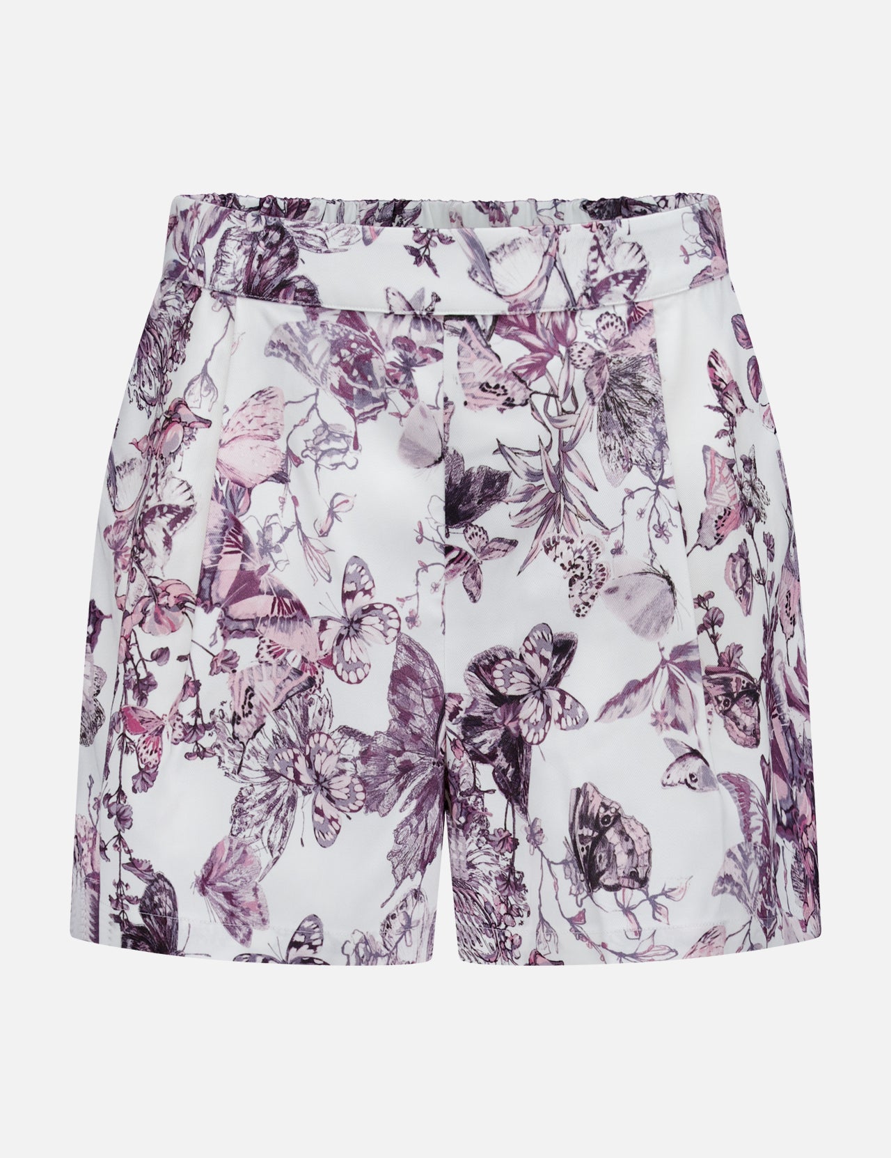 The Sylie Butterfly Print Pull On Short by L'AGENCE features a purple floral and butterfly print on white, high-waisted fit, pleated front, side pockets, and an easy pull-on design—perfect for summer.