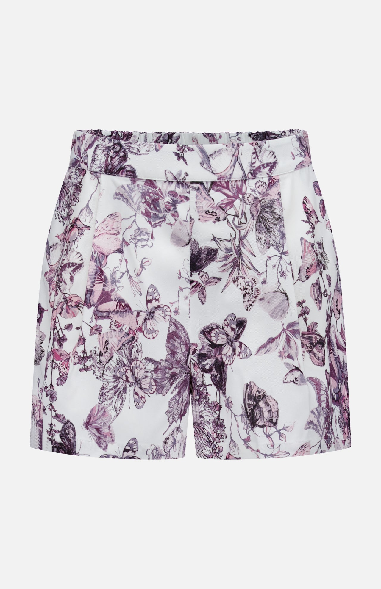 The Sylie Butterfly Print Pull On Short by L'AGENCE features a purple floral and butterfly print on white, high-waisted fit, pleated front, side pockets, and an easy pull-on design—perfect for summer.