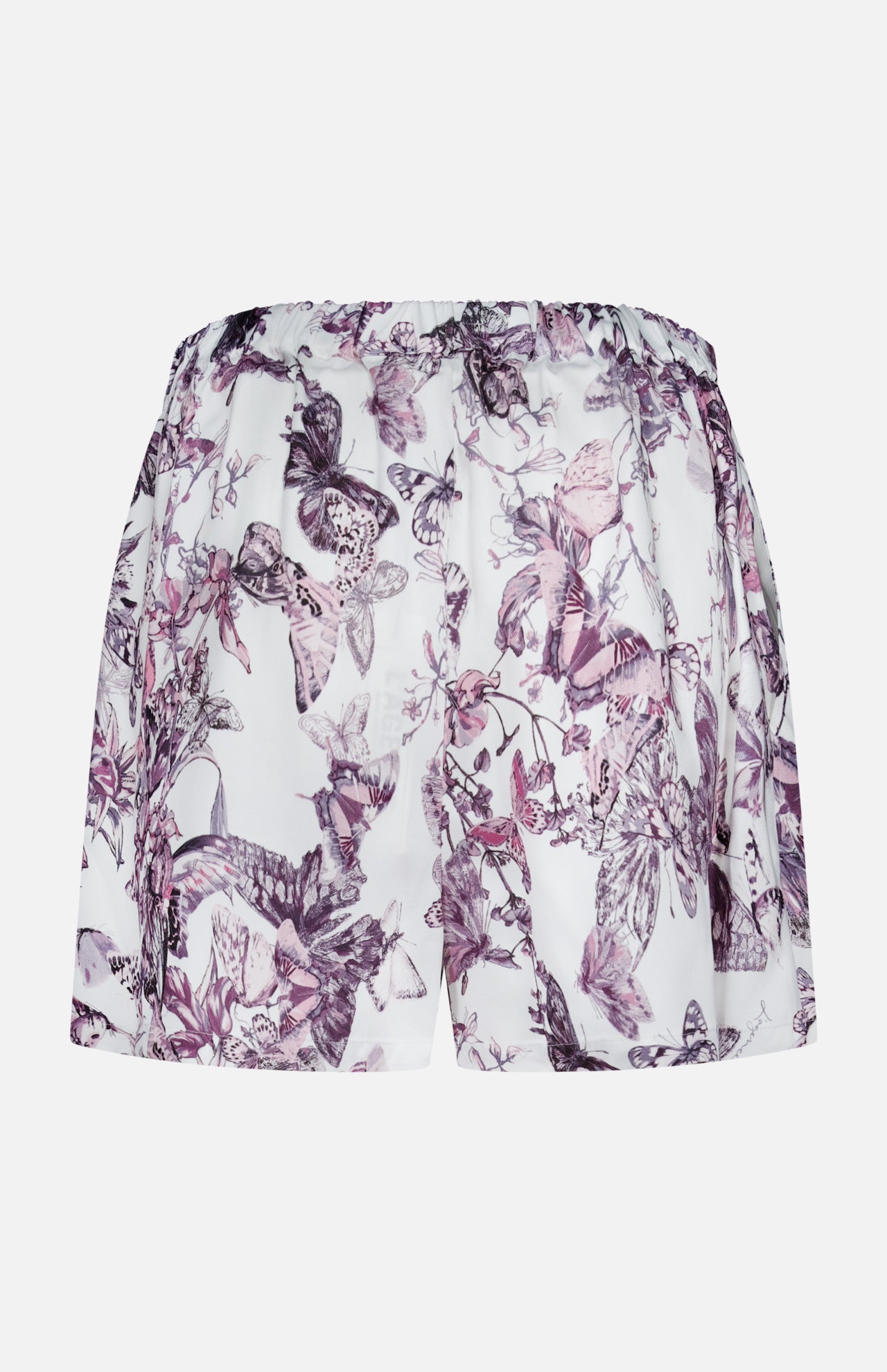 The L'AGENCE Sylie Butterfly Print Pull On Short features an elastic waistband, a pull-on design, and a white base with butterfly and floral prints in purple and pink.