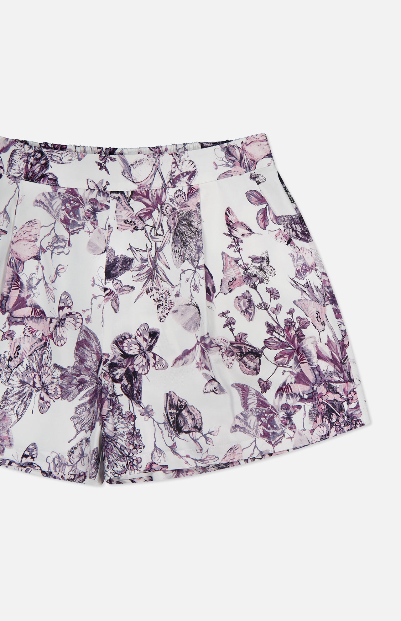 The Sylie Butterfly Print Pull On Short by L'AGENCE features a purple and pink butterfly print, pleats, an elastic waistband, and an easy pull-on design. Displayed flat against a white background.