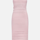 The Taren Knit Midi Dress by L'AGENCE is a sleeveless, light pink knee-length dress with a V-neckline and horizontal textured knit patterns for subtle compression. Shown on a plain white background.