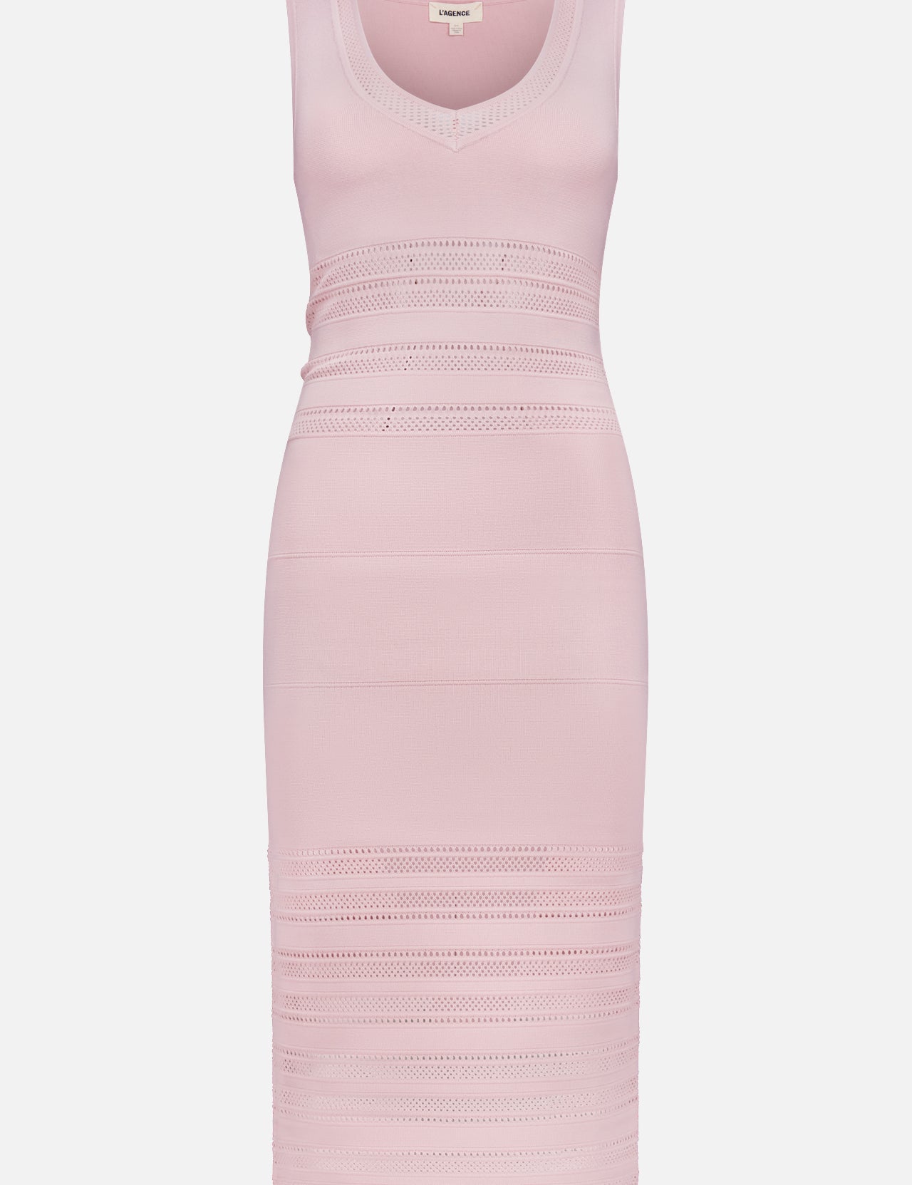 The Taren Knit Midi Dress by L'AGENCE is a sleeveless, light pink knee-length dress with a V-neckline and horizontal textured knit patterns for subtle compression. Shown on a plain white background.
