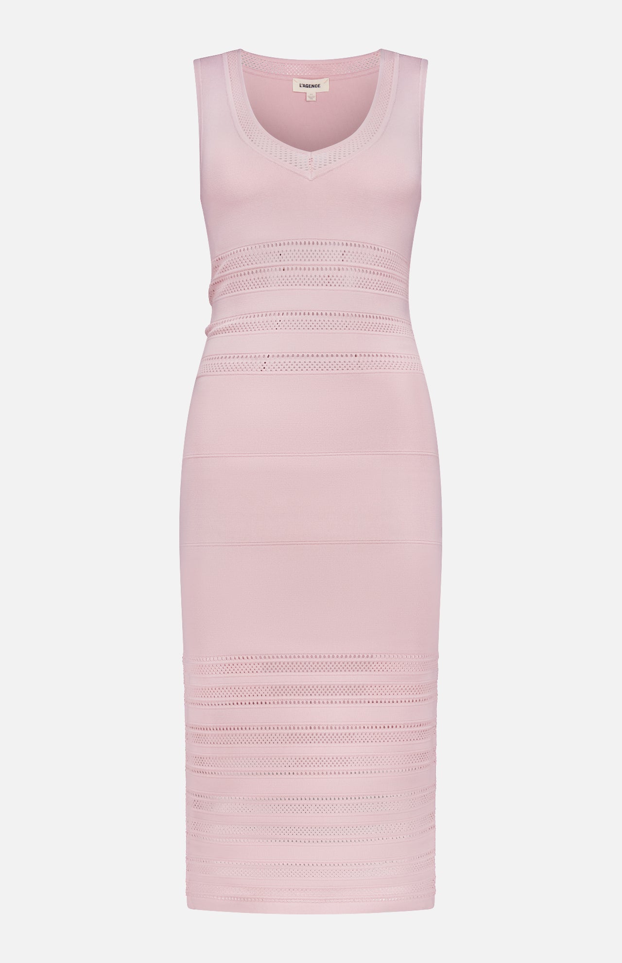 The Taren Knit Midi Dress by L'AGENCE is a sleeveless, light pink knee-length dress with a V-neckline and horizontal textured knit patterns for subtle compression. Shown on a plain white background.