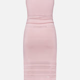 The Taren Knit Midi Dress by L’AGENCE is shown from the back on a white background, featuring a sleeveless blush design with a fitted waist and horizontal mesh panels at the lower skirt, crafted in power knit fabric for flattering compression.
