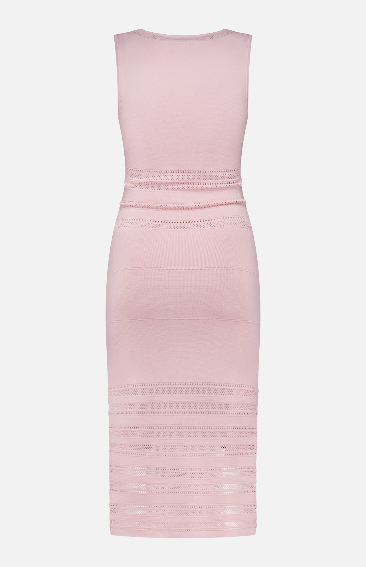 The Taren Knit Midi Dress by L’AGENCE is shown from the back on a white background, featuring a sleeveless blush design with a fitted waist and horizontal mesh panels at the lower skirt, crafted in power knit fabric for flattering compression.