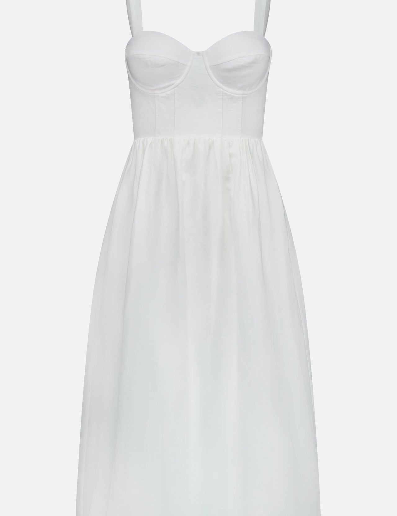 The Tiani Bustier Midi Dress by L'AGENCE is a sleeveless white linen dress with a fitted, bustier-style bodice, adjustable straps, and a flared knee-length skirt for a structured yet simple summer look.