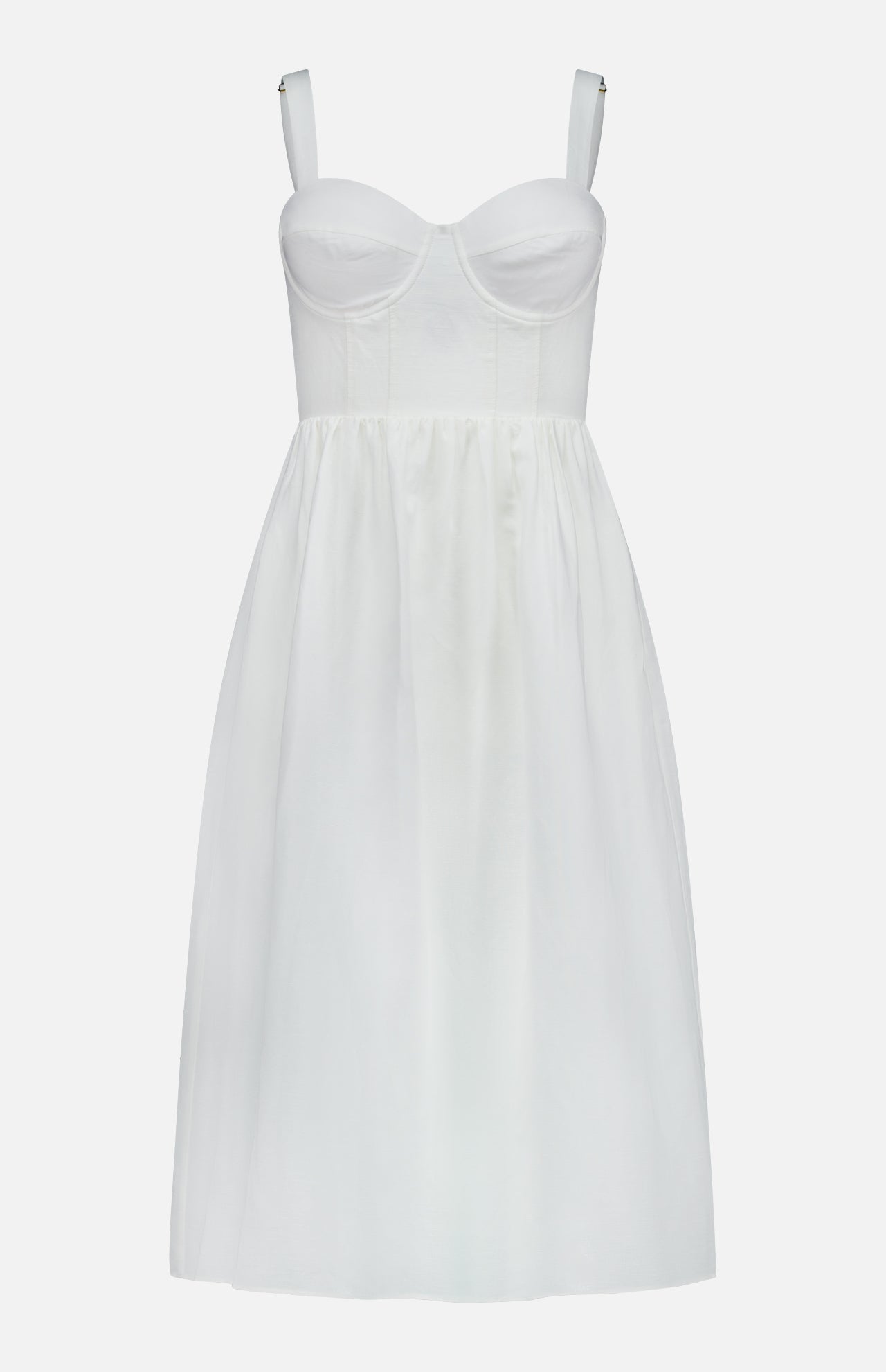 The Tiani Bustier Midi Dress by L'AGENCE is a sleeveless white linen dress with a fitted, bustier-style bodice, adjustable straps, and a flared knee-length skirt for a structured yet simple summer look.