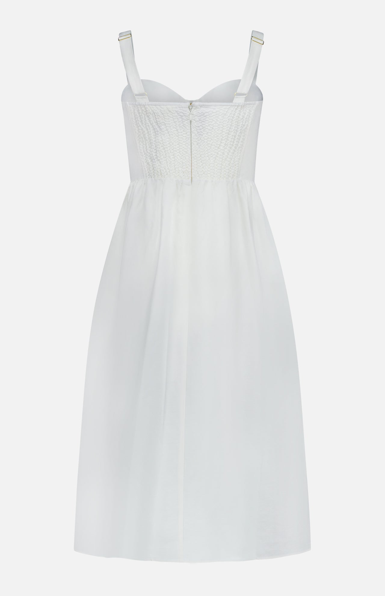 The Tiani Bustier Midi Dress by L'AGENCE features white linen, wide straps, a smocked bodice, and a flared midi skirt with a back zipper and button—perfect for effortless summer style.