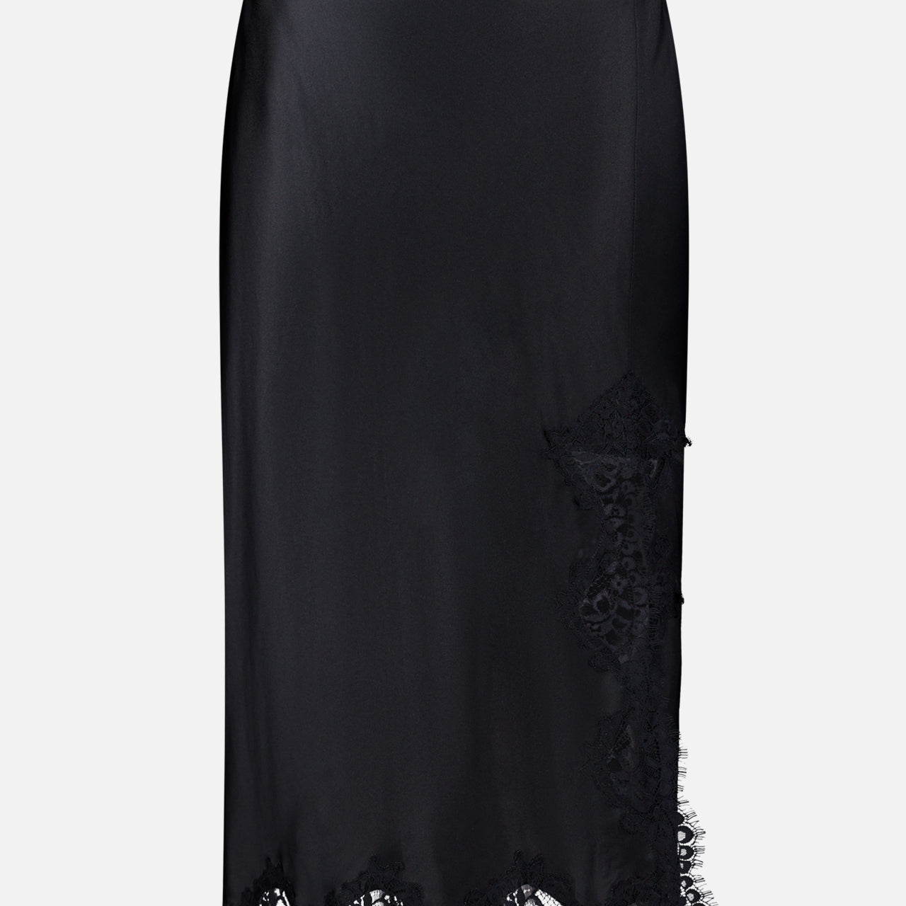 The L'AGENCE Tico Lace Midi Skirt is a black silk skirt featuring delicate lace trim and side detailing near the hem, shown against a plain white background.