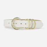 The Tobar Lizard Embossed Leather Belt by L’AGENCE features designer white lizard-embossed leather, mixed-metal hardware with a silver and gold round buckle, two extra gold rings, and is displayed on a plain white background.