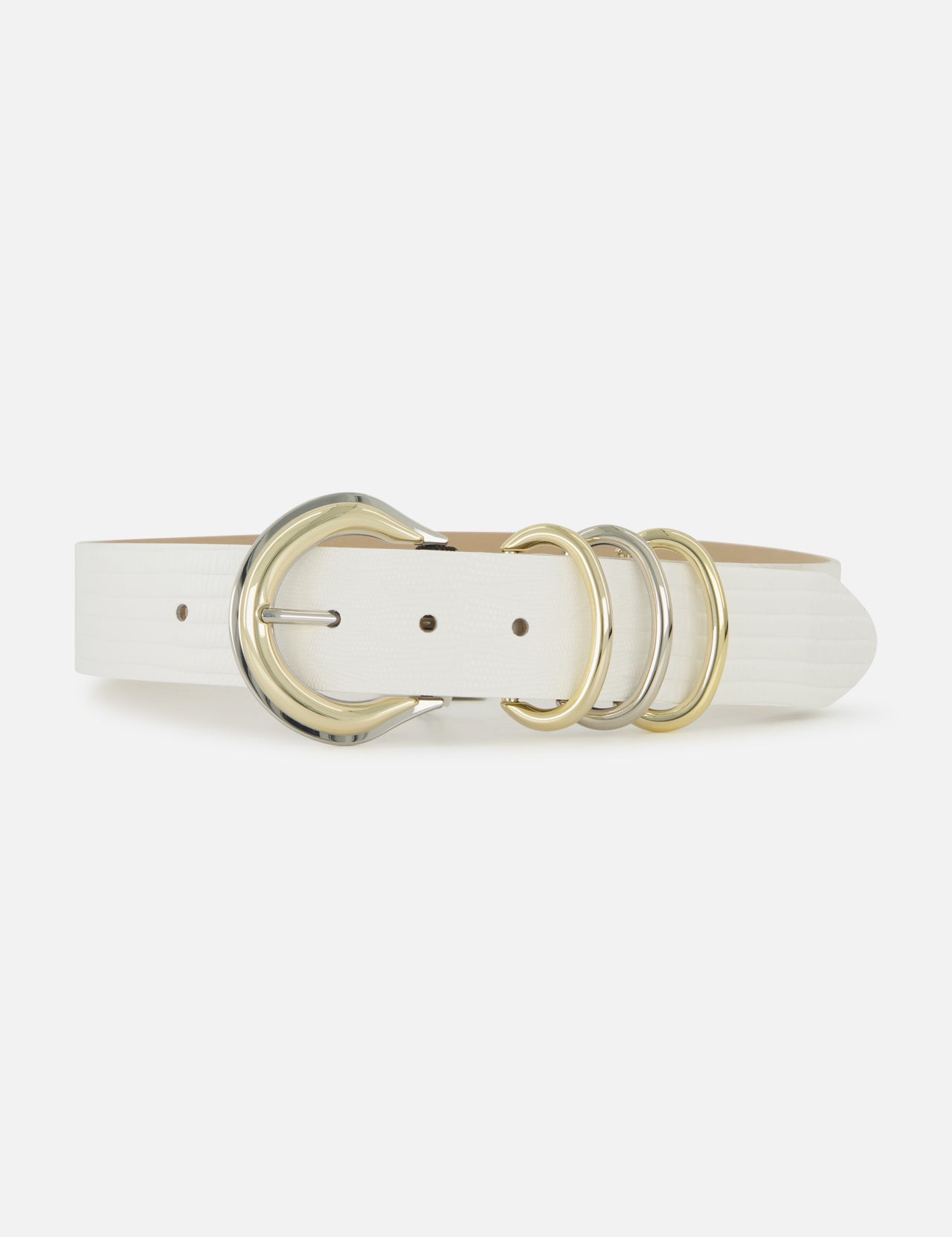 The Tobar Lizard Embossed Leather Belt by L’AGENCE features designer white lizard-embossed leather, mixed-metal hardware with a silver and gold round buckle, two extra gold rings, and is displayed on a plain white background.
