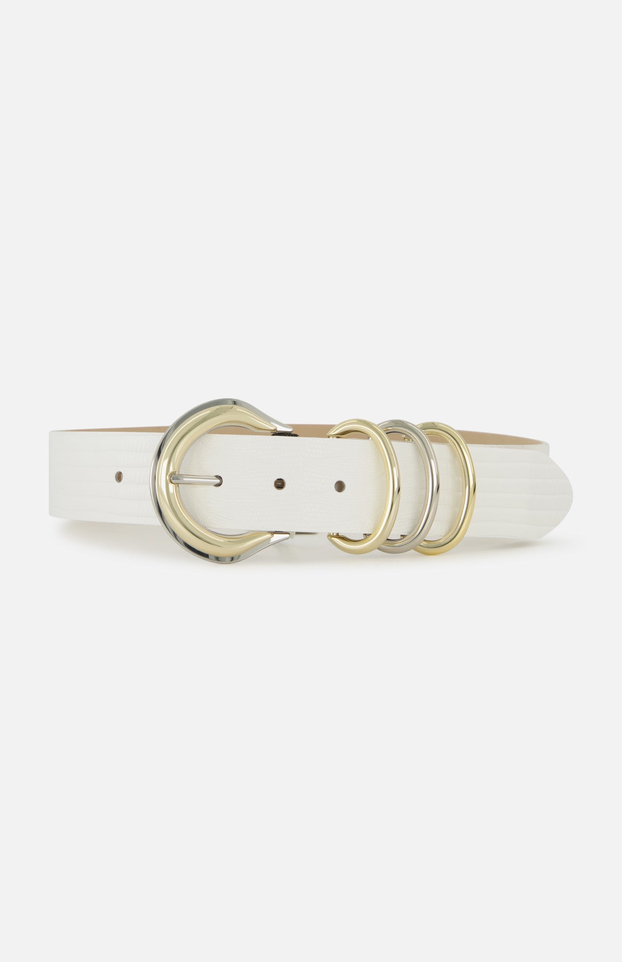 The Tobar Lizard Embossed Leather Belt by L’AGENCE features designer white lizard-embossed leather, mixed-metal hardware with a silver and gold round buckle, two extra gold rings, and is displayed on a plain white background.