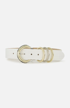 The Tobar Lizard Embossed Leather Belt by L’AGENCE features designer white lizard-embossed leather, mixed-metal hardware with a silver and gold round buckle, two extra gold rings, and is displayed on a plain white background.