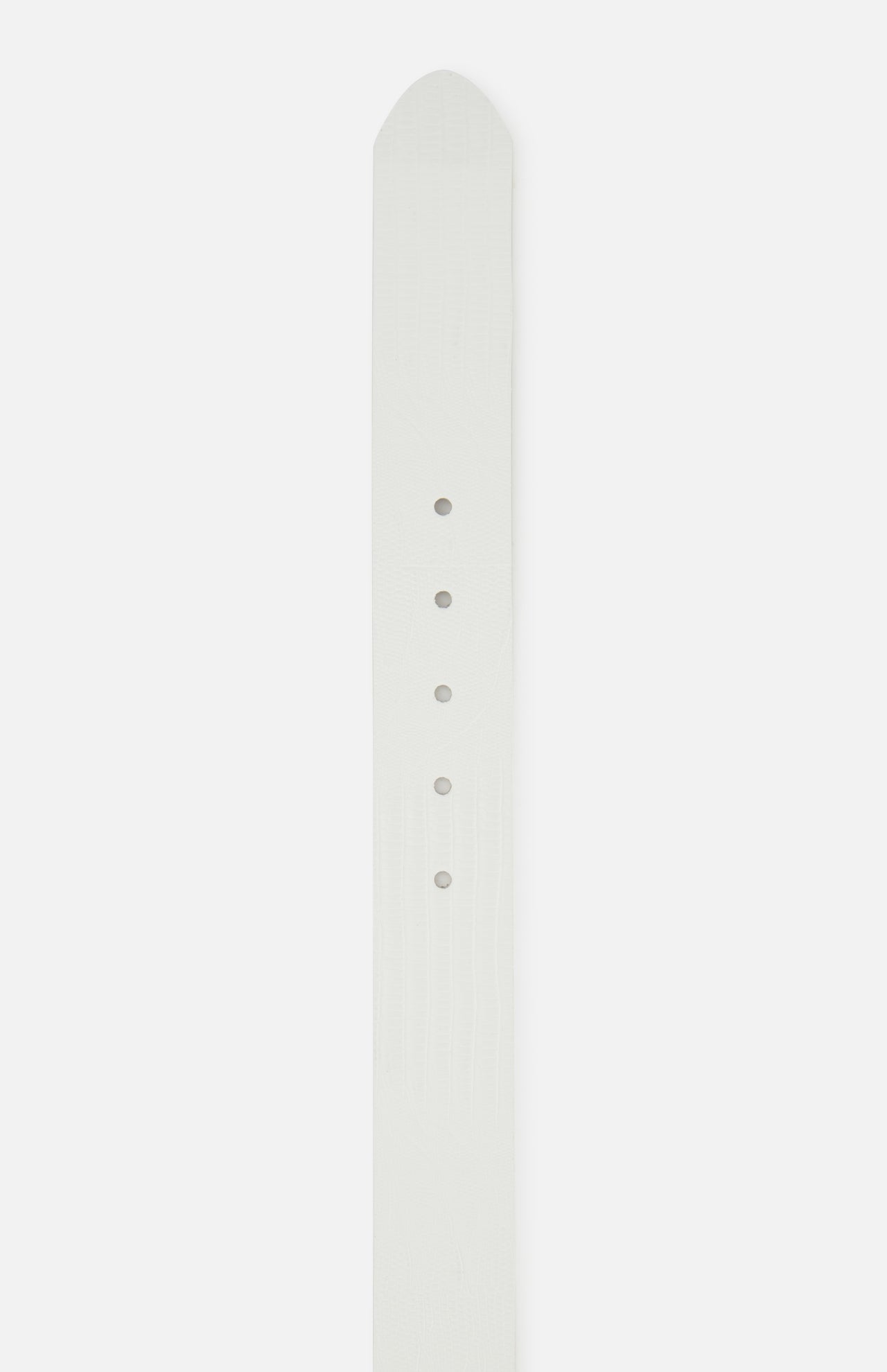 A close-up of the Tobar Lizard Embossed Leather Belt by L’AGENCE, featuring white lizard-embossed leather and five adjustment holes, displayed vertically against a plain white background.