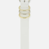 The Tobar Lizard Embossed Leather Belt by L'AGENCE features designer white lizard-embossed leather, a shiny silver rounded buckle, and three gold mixed-metal rings, shown on a plain white background.