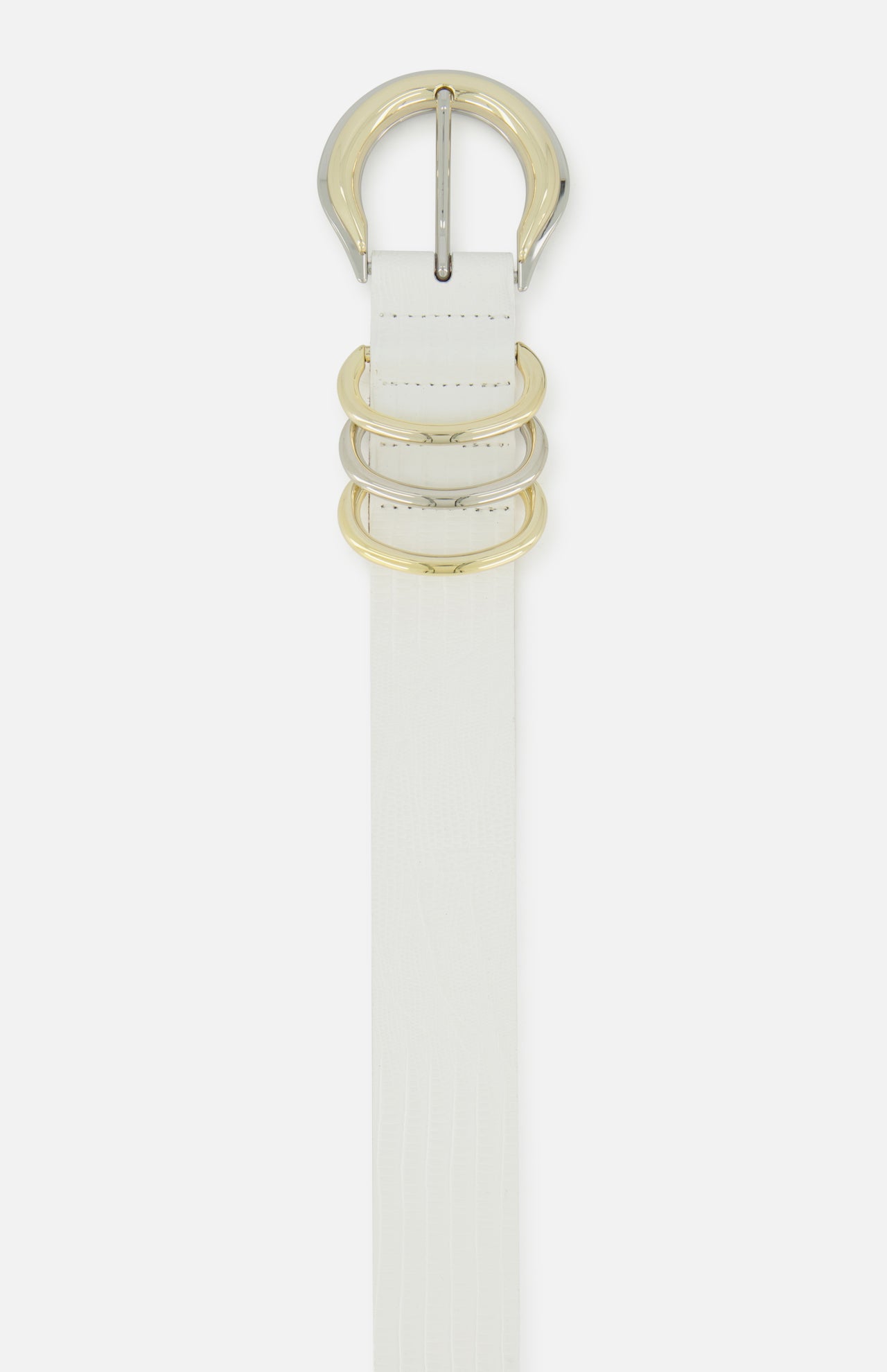 The Tobar Lizard Embossed Leather Belt by L'AGENCE features designer white lizard-embossed leather, a shiny silver rounded buckle, and three gold mixed-metal rings, shown on a plain white background.