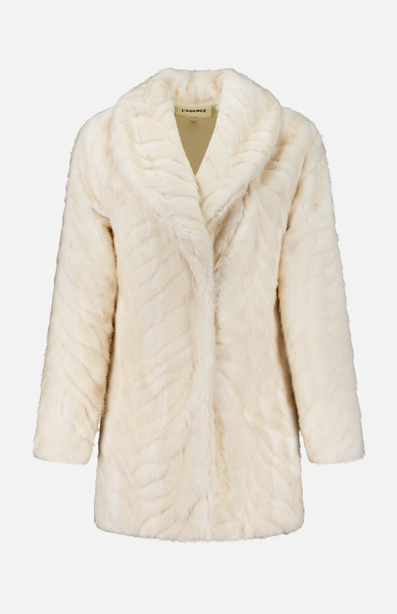 Cream-colored Toira Faux Fur Coat featuring a vintage-inspired design with a wide lapel.