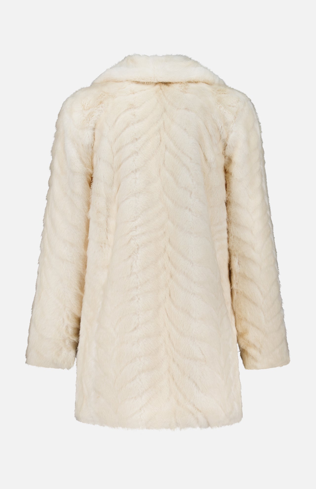 Back view of the L’Agence Toira Faux Fur Coat in champagne, featuring a subtle chevron pattern, a collar, and a vintage-inspired style.