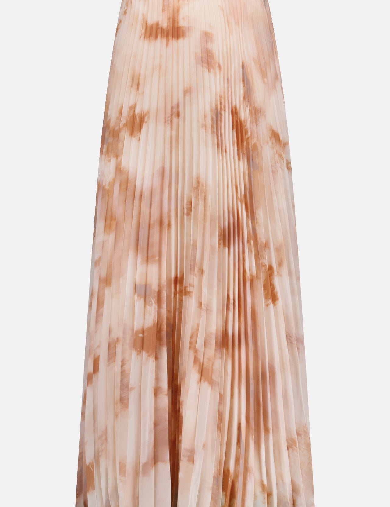 The L’AGENCE Torin Pleated Maxi Skirt features a soft peach and beige frappe tie-dye on lightweight fabric, shown against a plain white background.